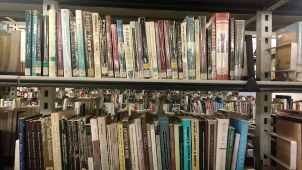 Two shelves of books in a public library